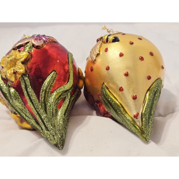 2 Christmas Ornament Hand Blown Mercury Glass Flowers Robert Stanley Fairy Grun - Picture 5 of 6